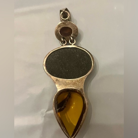 Elegant Black Onyx, Amber, & Purple Topaz 925 Sterling Silver Pendant Piece - Picture 3 of 3